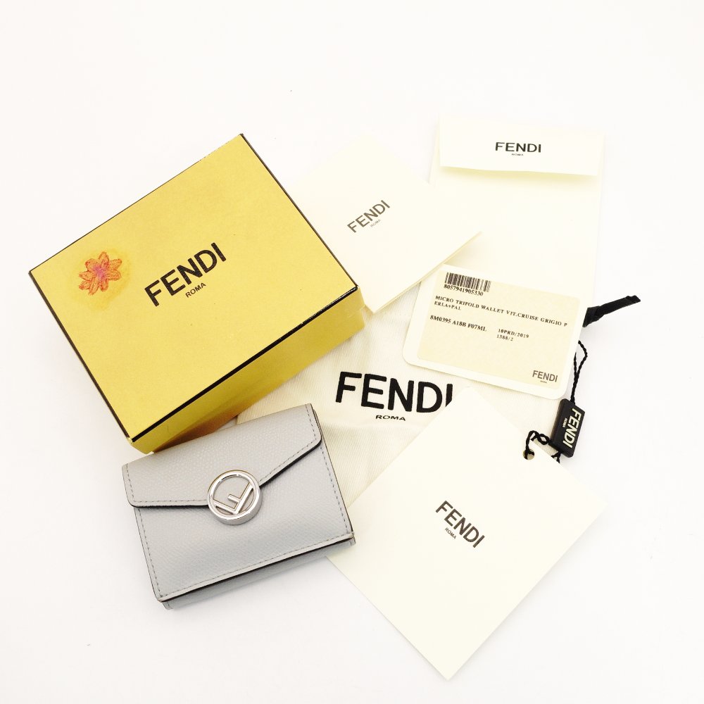 FENDI F is 8M0395 Compact Wallet Gray Leather Mini Wallet Foldable Wallet Logo 7-10-364