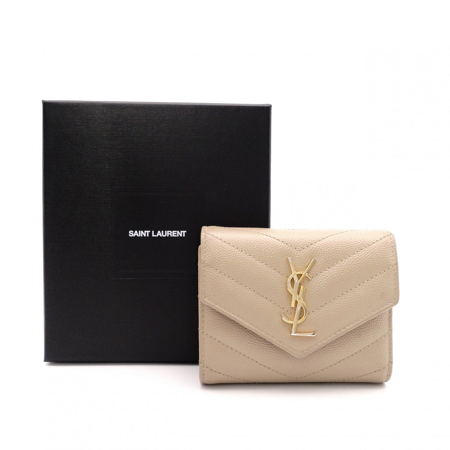 SAINT LAURENT Cassandra Tri-Fold Wallet, Leather, Beige, Gold Hardware