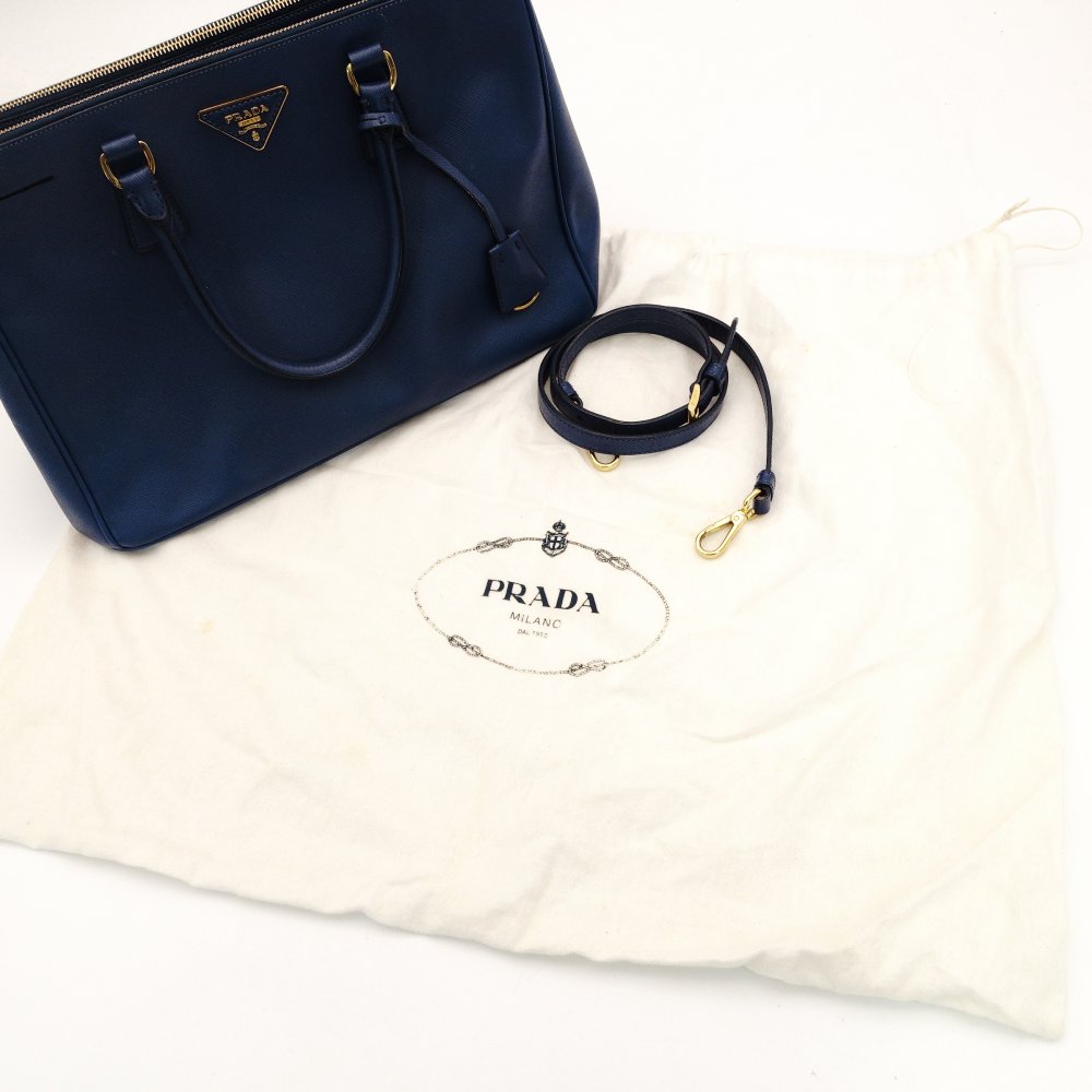 PRADA Galleria Handbag Tote Blue Triangle Logo Blue Leather 2-Way Shoulder Gold Hardware 7-8-168