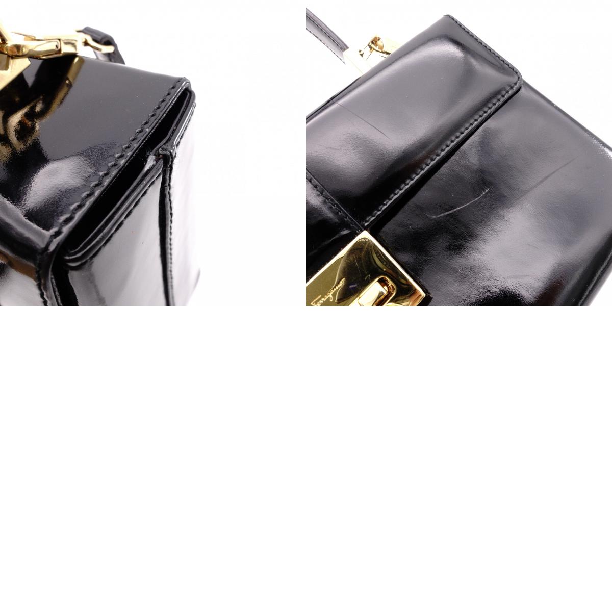 Salvatore Ferragamo Gancini Handbag, Patent Leather, Black, 2-Way, Gold Hardware