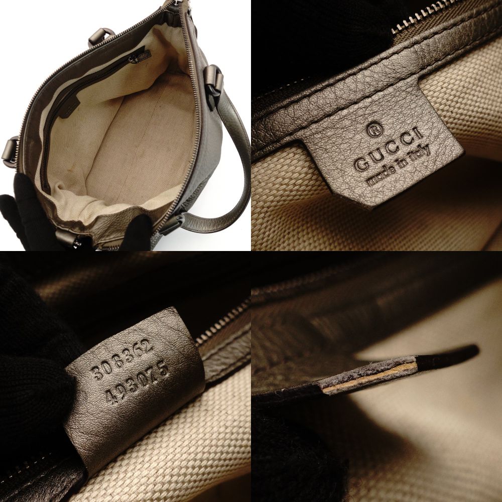 GUCCI Soho Handbag Gunmetal Silver Leather 2-Way Crossbody GG Logo 7-10-412