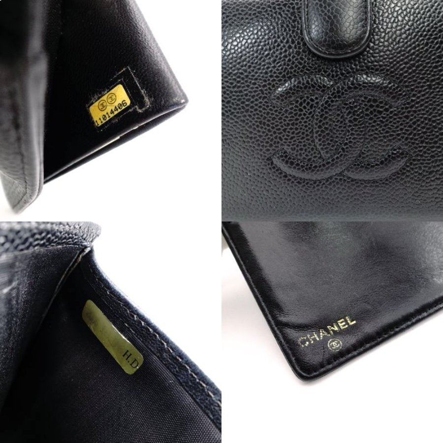 CHANEL Long Wallet Leather Black Caviar Skin Coin Purse Wallet