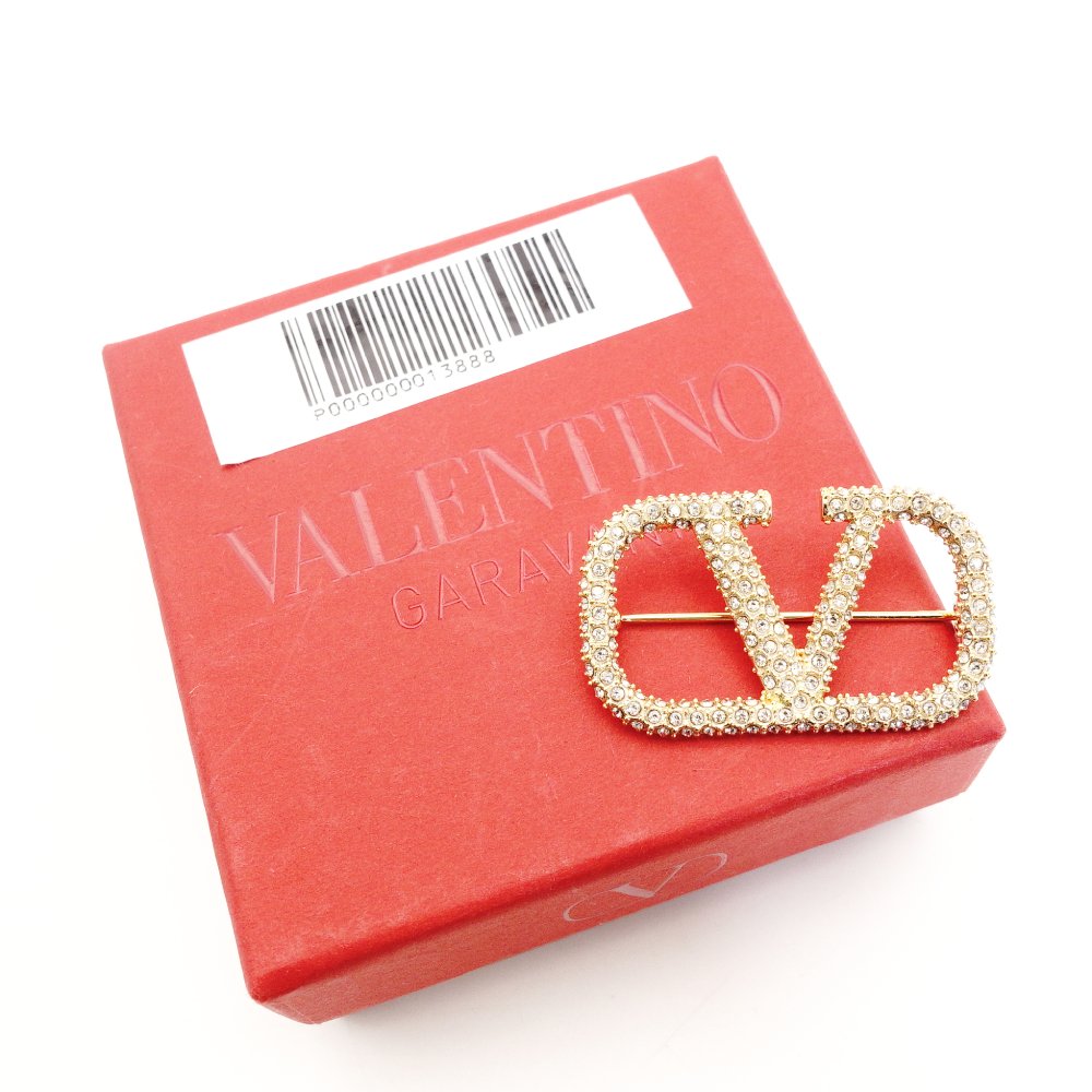 VALENTINO V Logo Signature Rhinestone Brooch Gold With Box 7-9-664