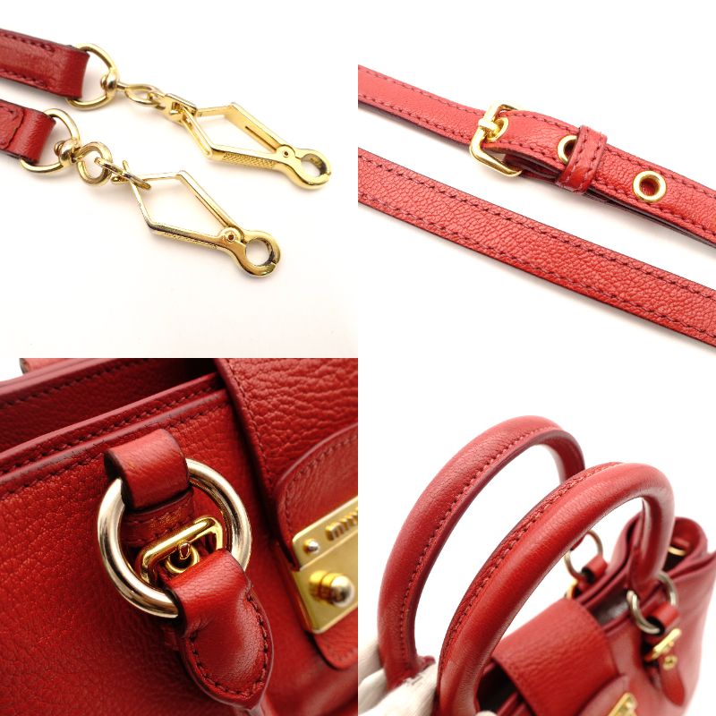 MIU MIU Madras Satchel Handbag Red Leather 2-Way Gold Hardware Shoulder 7-9-633