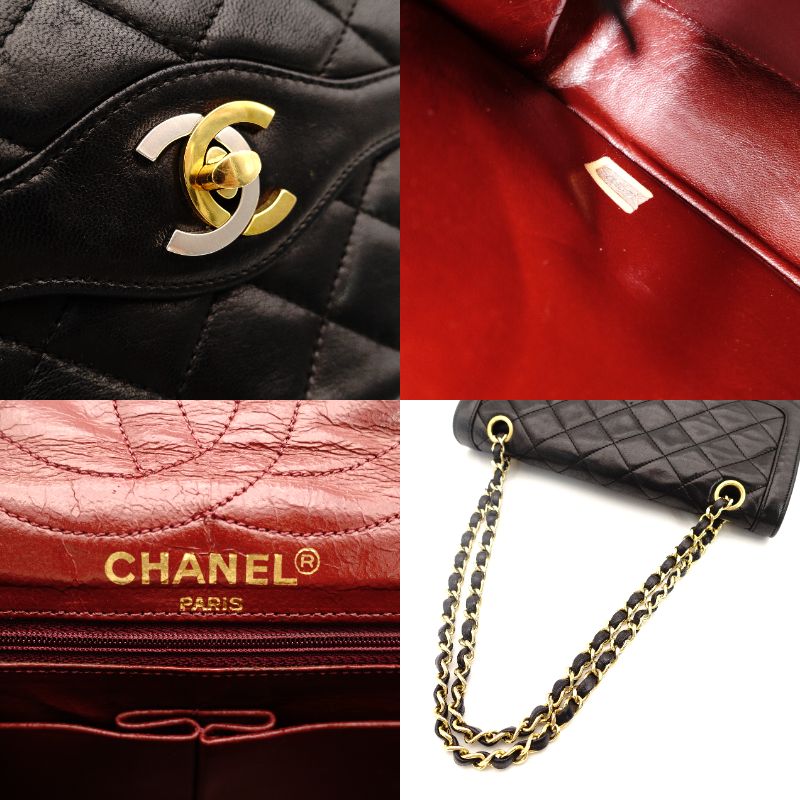 CHANEL Matelassé Double Flap Chain Shoulder Bag Black Lambskin Silver x Gold Hardware 7-9-235