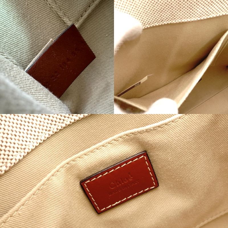 CHLOE Woody Small Handbag Canvas Beige × Brown 2-Way Leather Crossbody R8011026