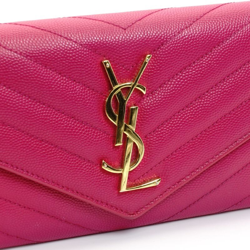 SAINT LAURENT long wallet V-stitched pink leather wallet