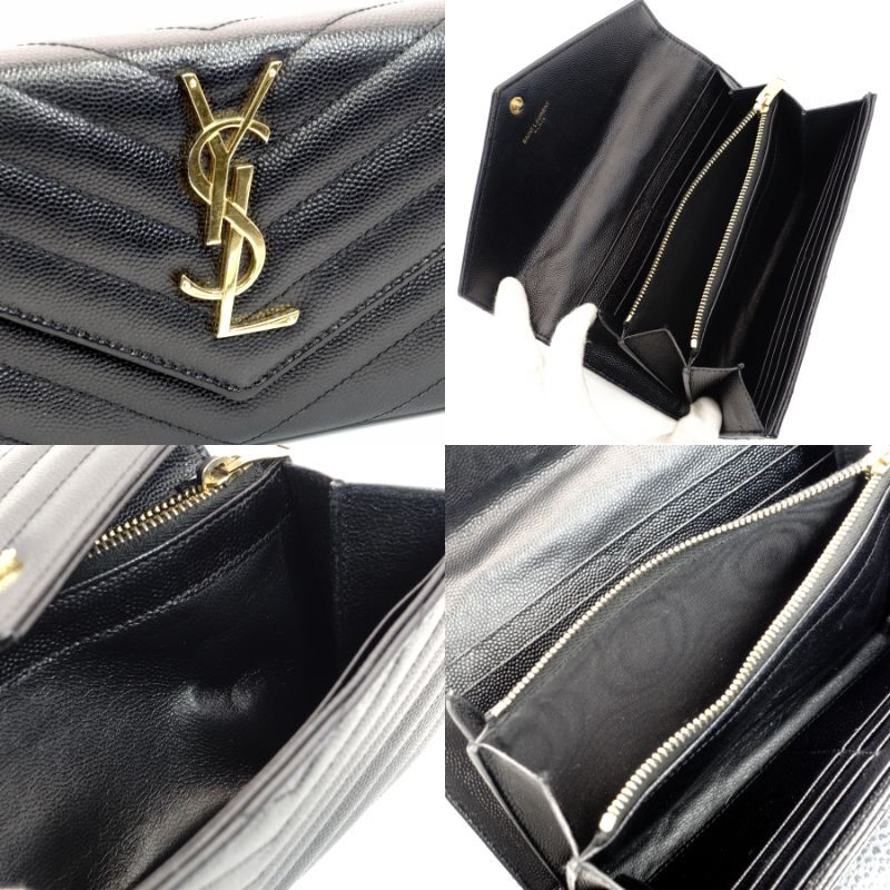 YVES SAINT LAURENT Long Wallet Black Leather V-stitching