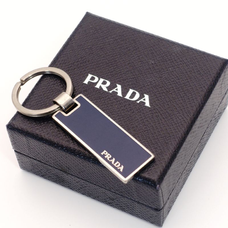 PRADA Key Ring Metal Plated Navy Silver Hardware Key Ring With Box