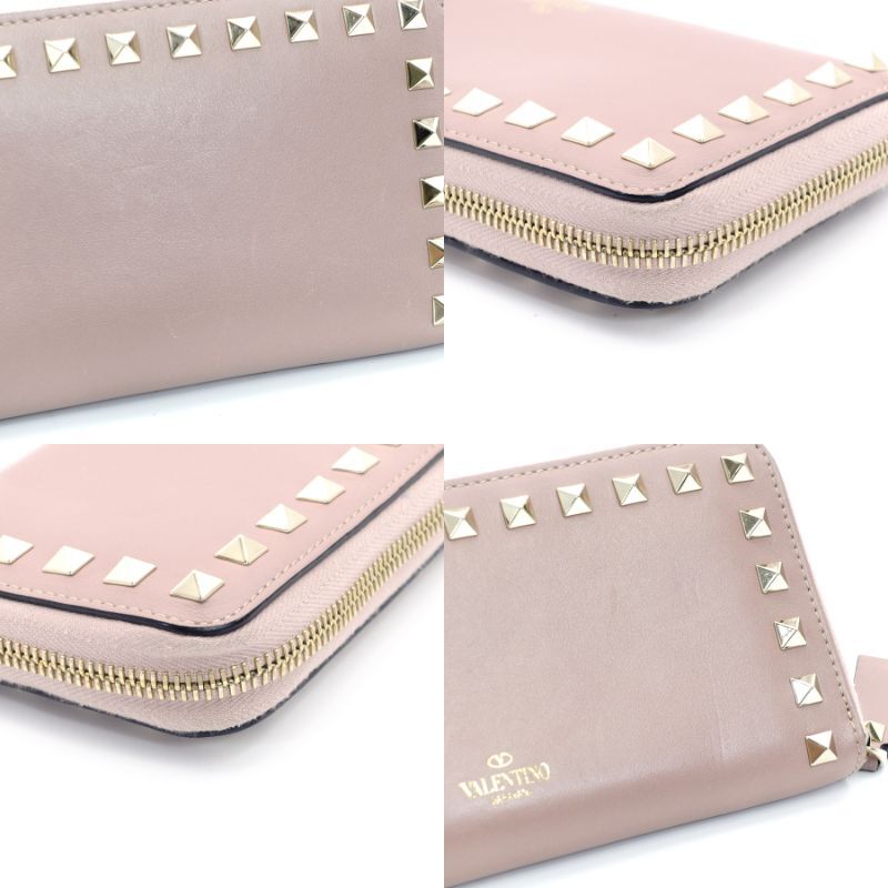 VALENTINO Garavani Leather Long Wallet Pink Leather Studs