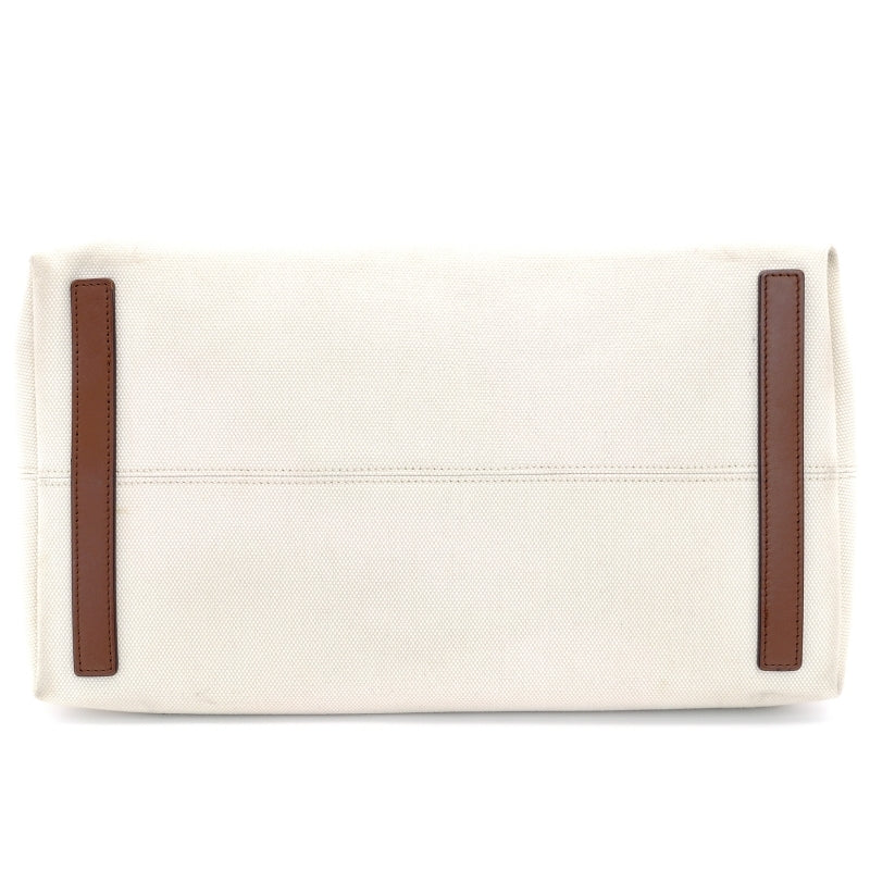 BURBERRY TB Logo Canvas Tote Bag Beige Leather Brown