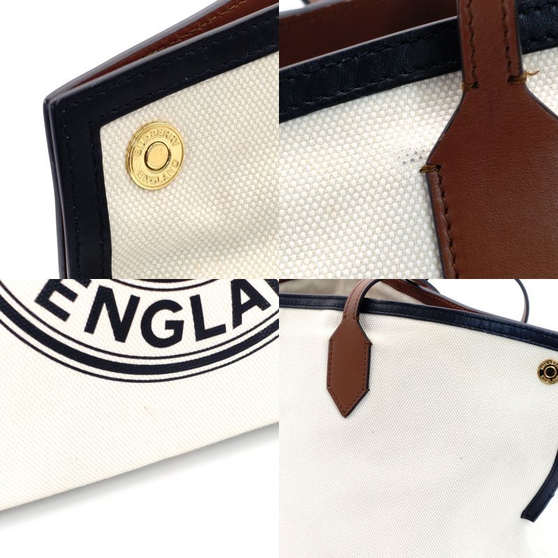 BURBERRY TB Logo Canvas Tote Bag Beige Leather Brown