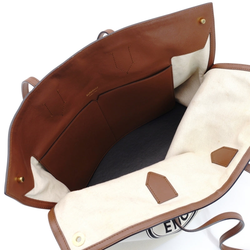 BURBERRY TB Logo Canvas Tote Bag Beige Leather Brown
