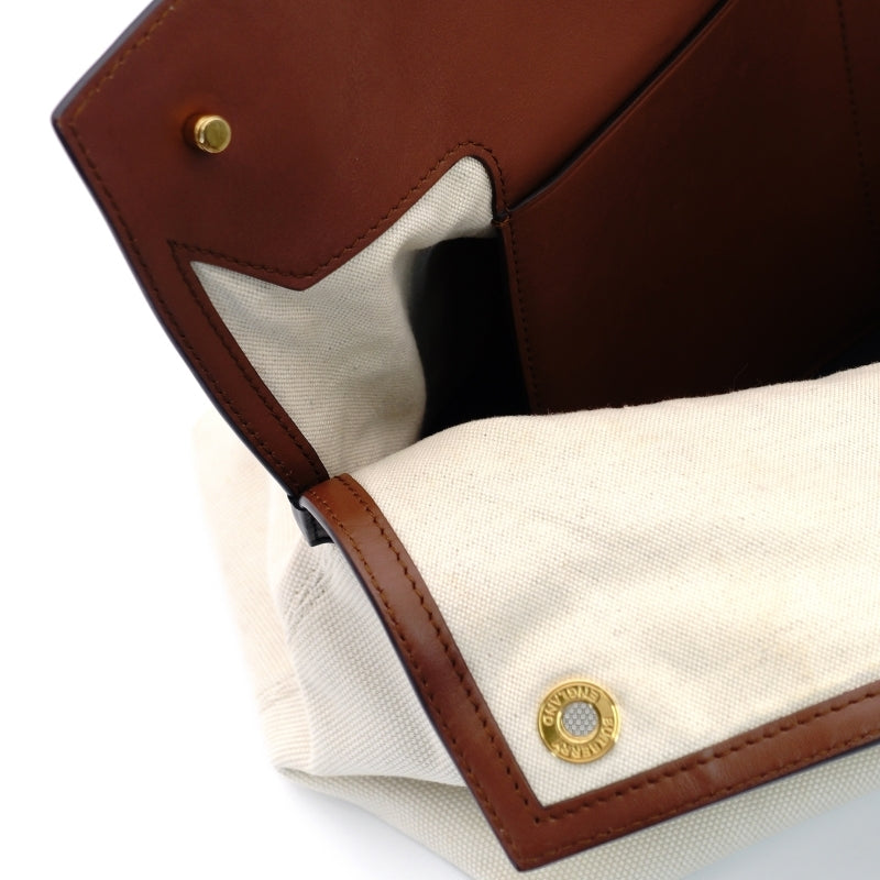 BURBERRY TB Logo Canvas Tote Bag Beige Leather Brown