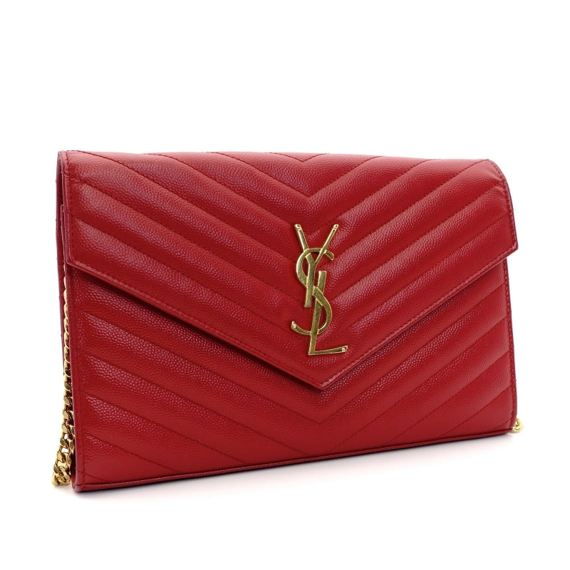 YVES SAINT LAURENT Chain Shoulder Bag Leather Red Gold Hardware