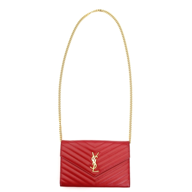 YVES SAINT LAURENT Chain Shoulder Bag Leather Red Gold Hardware