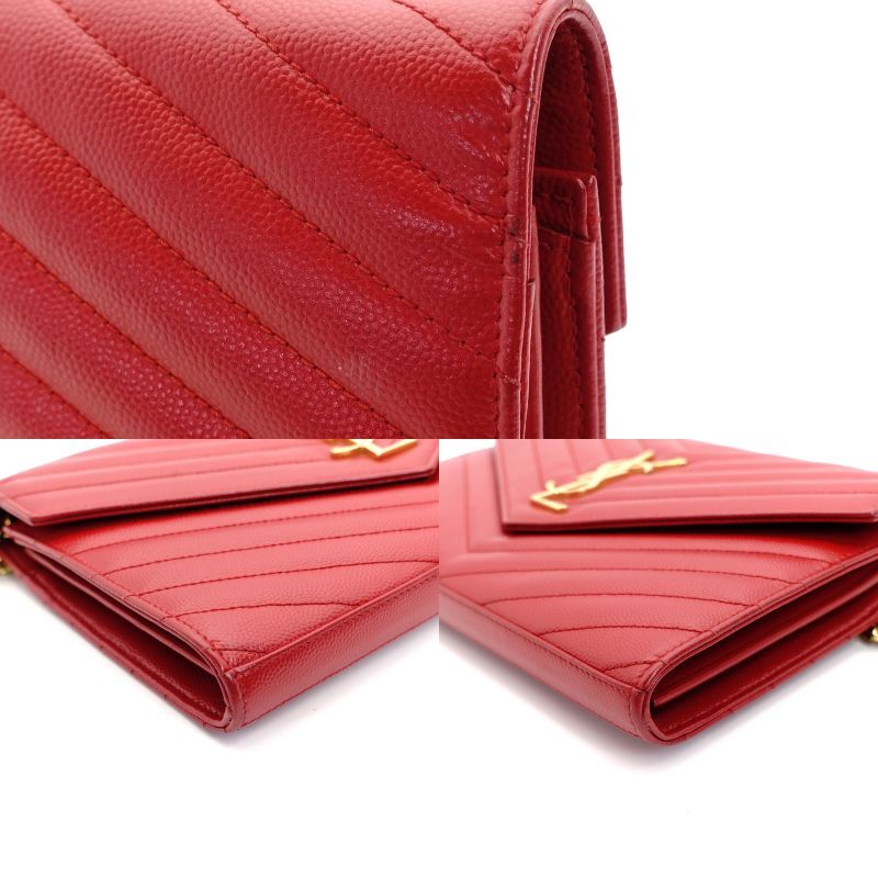 YVES SAINT LAURENT Chain Shoulder Bag Leather Red Gold Hardware