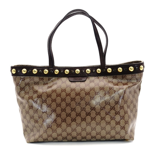 GUCCI Tote Bag GG Crystal Brown Logo PVC Leather Beige