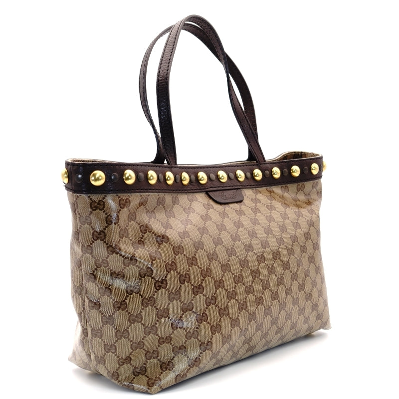 GUCCI Tote Bag GG Crystal Brown Logo PVC Leather Beige