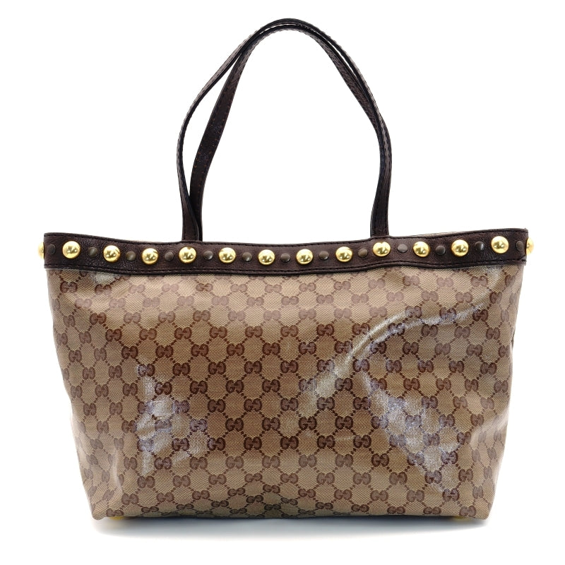 GUCCI Tote Bag GG Crystal Brown Logo PVC Leather Beige