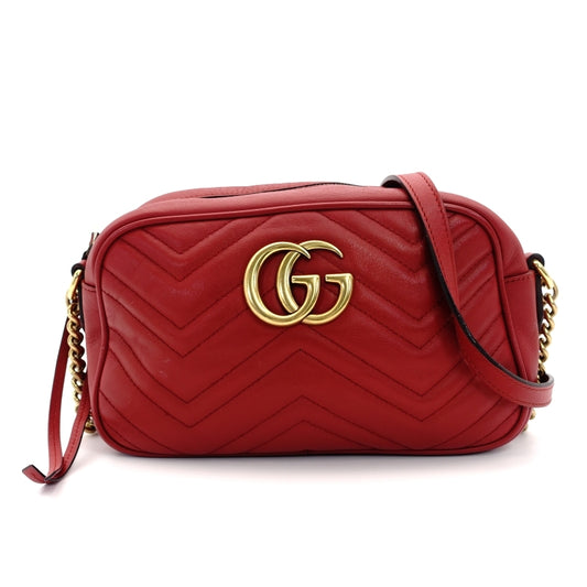 GUCCI Chain Shoulder Bag GG Marmont Red Leather Gold Hardware