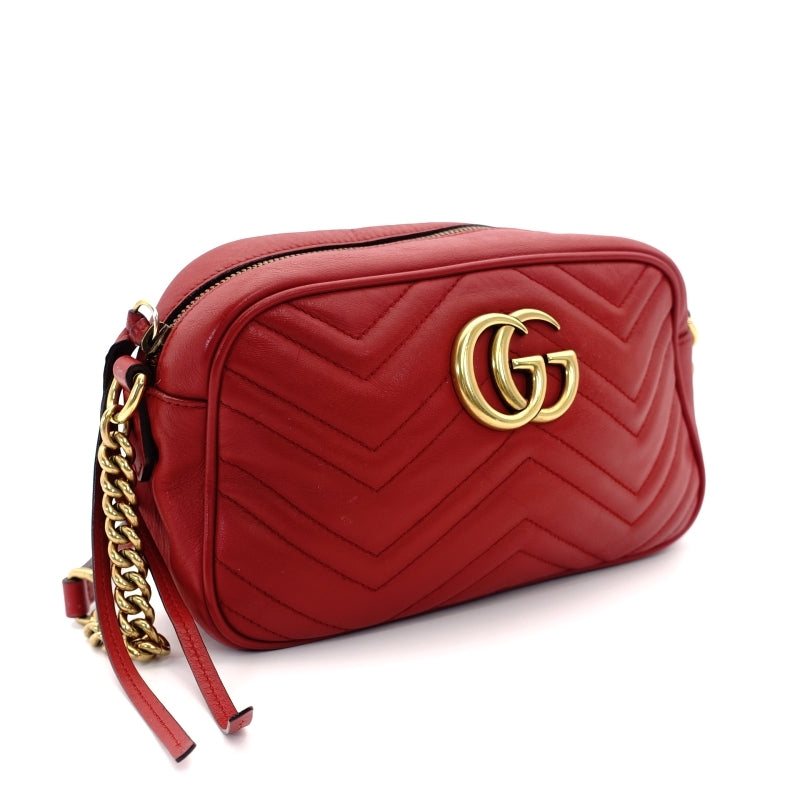 GUCCI Chain Shoulder Bag GG Marmont Red Leather Gold Hardware