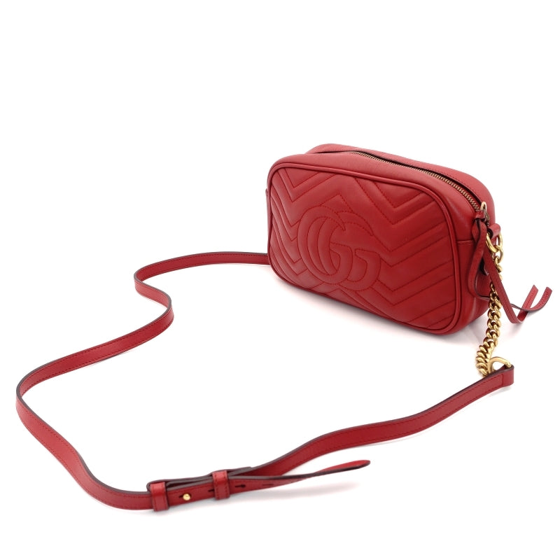 GUCCI Chain Shoulder Bag GG Marmont Red Leather Gold Hardware