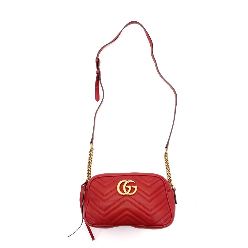 GUCCI Chain Shoulder Bag GG Marmont Red Leather Gold Hardware