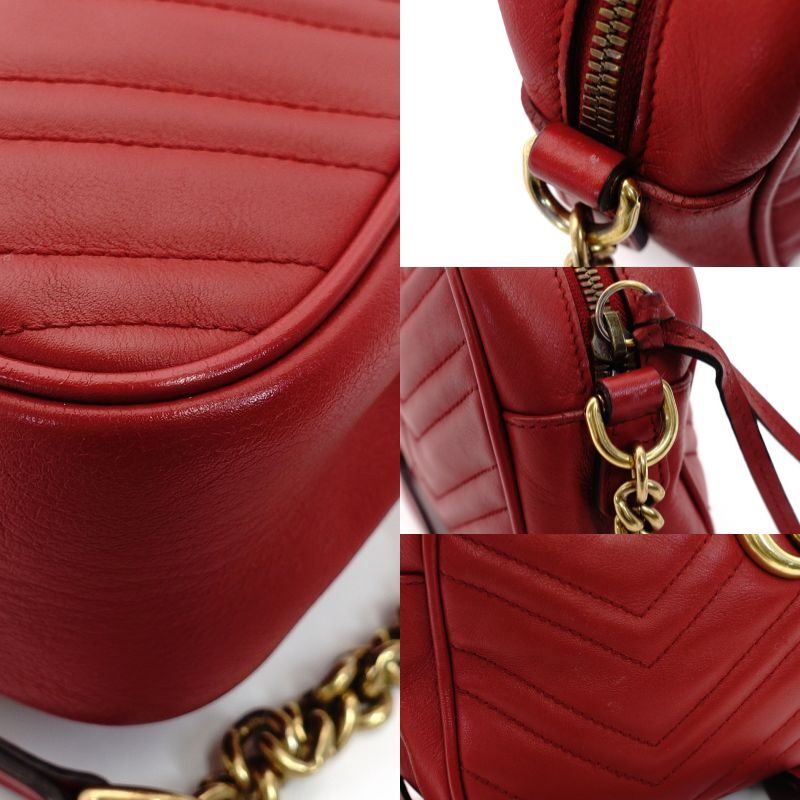 GUCCI Chain Shoulder Bag GG Marmont Red Leather Gold Hardware