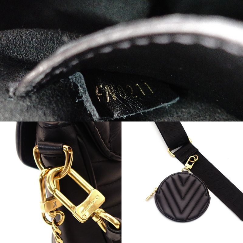 LOUIS VUITTON New Wave Shoulder Bag Black Leather Black Gold Hardware Logo