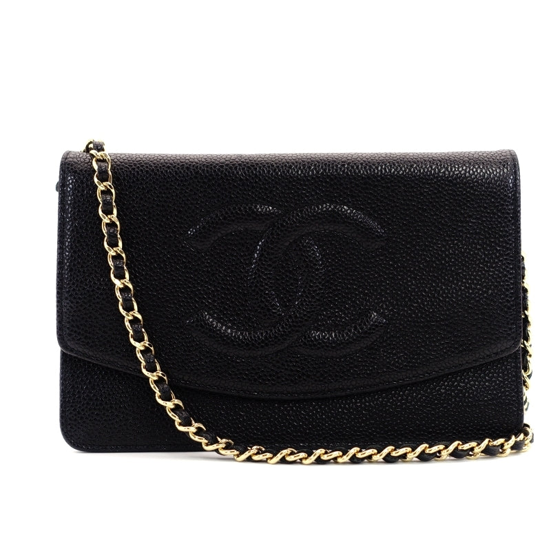CHANNEL Caviar Skin Black Leather WOC Gold Metal Fittings