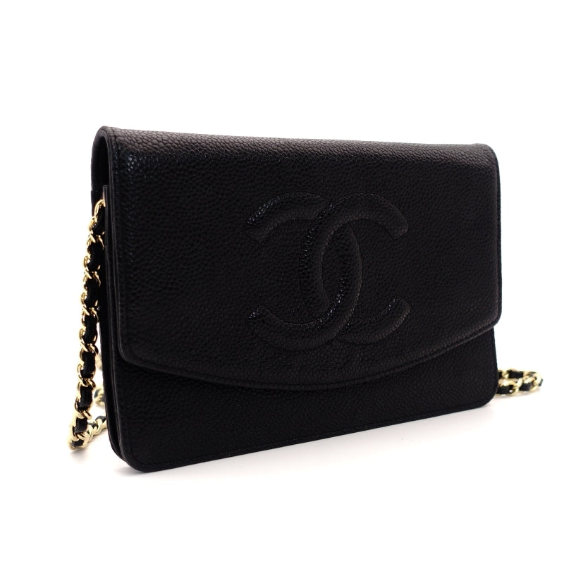 CHANNEL Caviar Skin Black Leather WOC Gold Metal Fittings