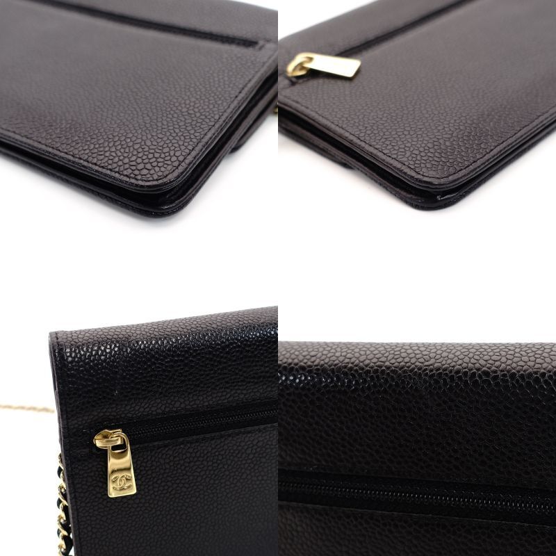 CHANEL Caviar Skin Chain Wallet Leather Black WOC Gold Hardware Black 7-5-323
