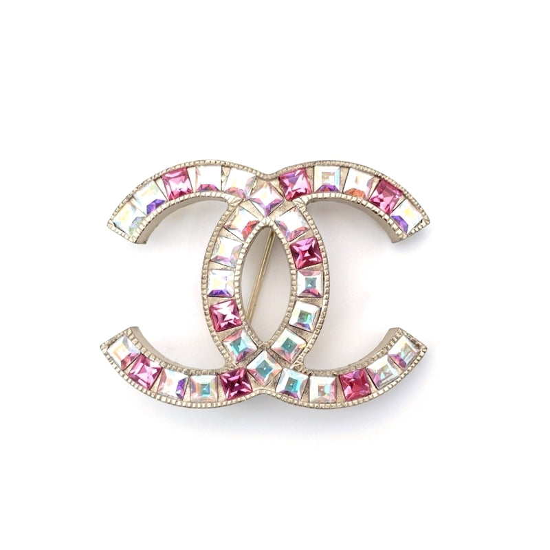CHANEL Coco Mark Brooch Rhine stone Silver Pink 05P