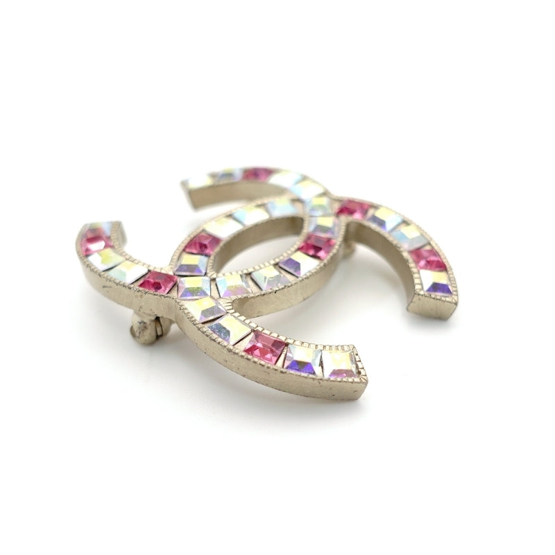 CHANEL Coco Mark Brooch Rhine stone Silver Pink 05P