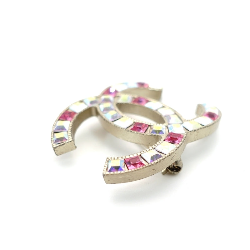 CHANEL Coco Mark Brooch Rhine stone Silver Pink 05P
