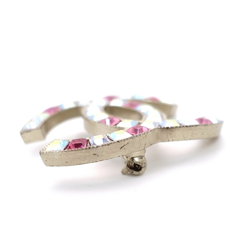 CHANEL Coco Mark Brooch Rhine stone Silver Pink 05P