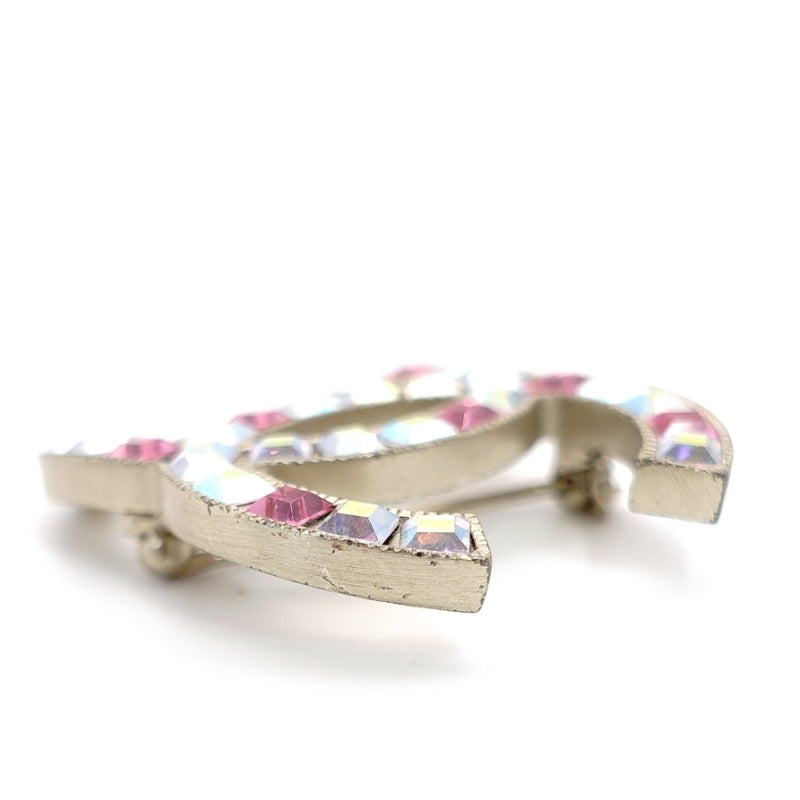CHANEL Coco Mark Brooch Rhine stone Silver Pink 05P