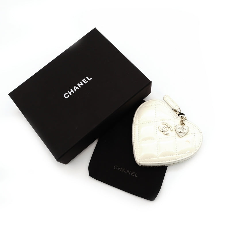 CHANEL Coco Mark Matelassé Patent Leather White Charm Coin Case