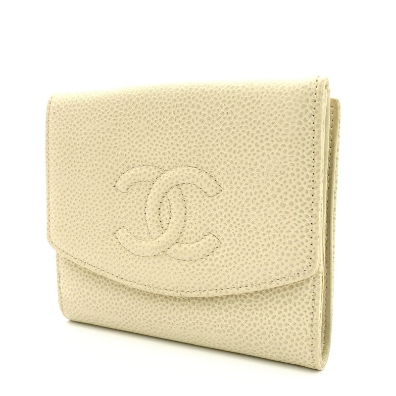 CHANEL Matelasse Caviar Leather Compact Wallet Beige Leather Bifold Wallet 7-4-752