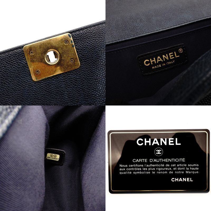 CHANEL Boy Chanel Caviar Leather Shoulder Bag in Navy with Gold Hardware and Chain Strap 7-5-324