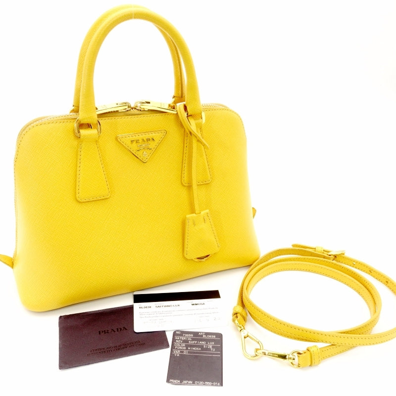 PRADA Handbag Saffiano 2-Way Leather Yellow Crossbody Bag Yellow
