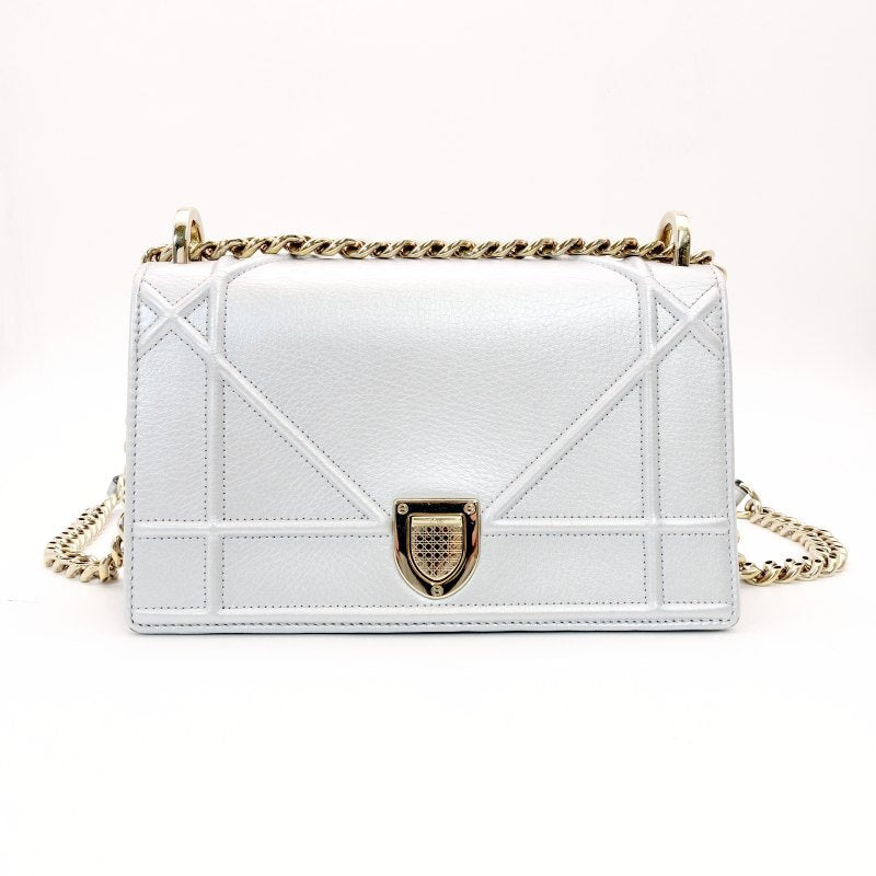 DIOR Diorama Silver Chain Shoulder Bag Leather Gold Hardware