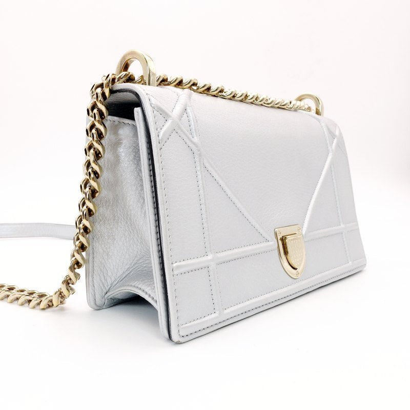 DIOR Diorama Silver Chain Shoulder Bag Leather Gold Hardware