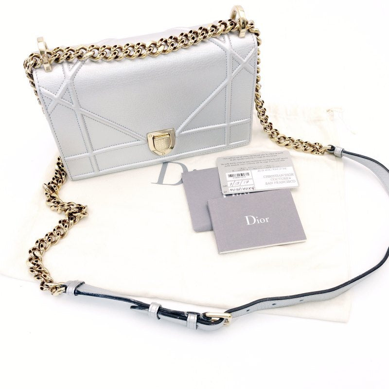 DIOR Diorama Silver Chain Shoulder Bag Leather Gold Hardware