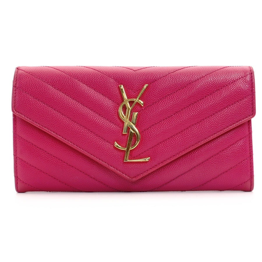 SAINT LAURENT long wallet V-stitched pink leather wallet