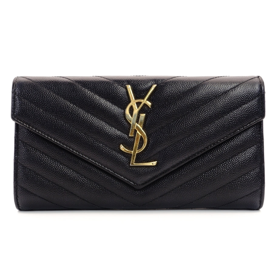 YVES SAINT LAURENT Long Wallet Black Leather V-stitching