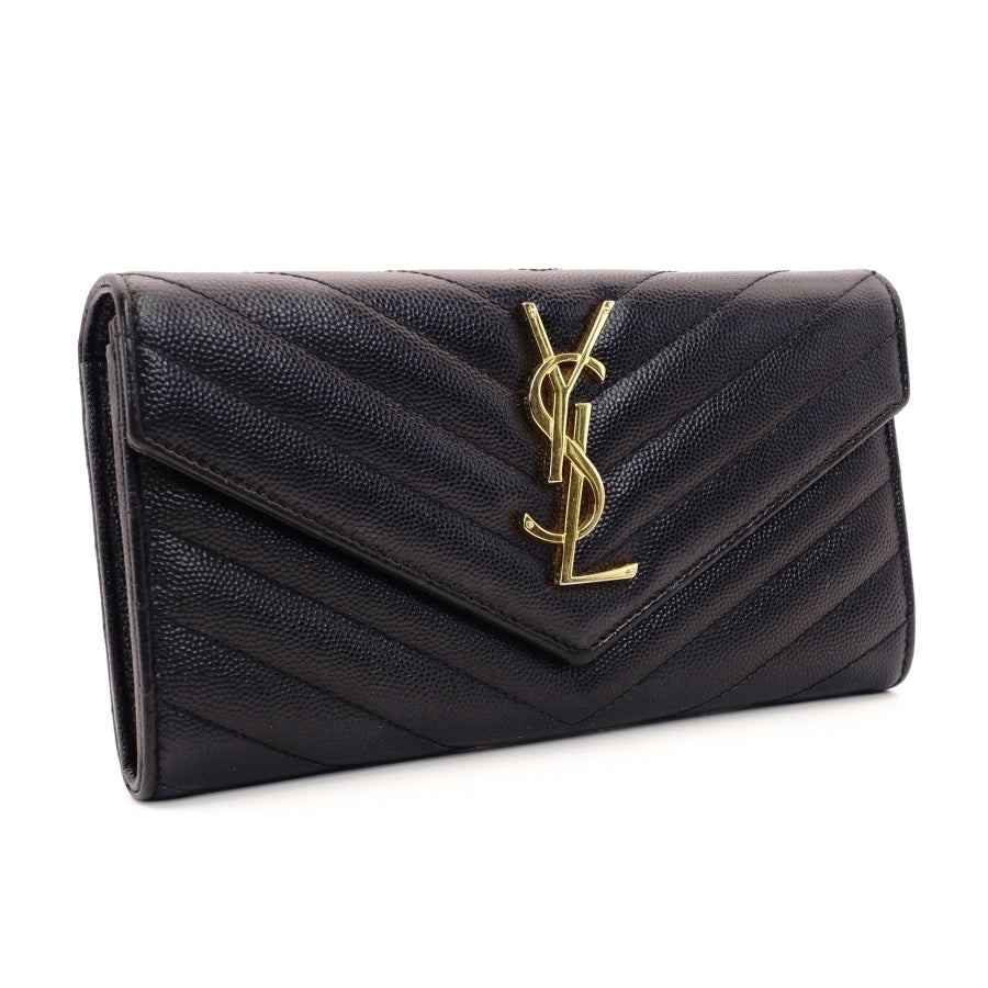 YVES SAINT LAURENT Long Wallet Black Leather V-stitching
