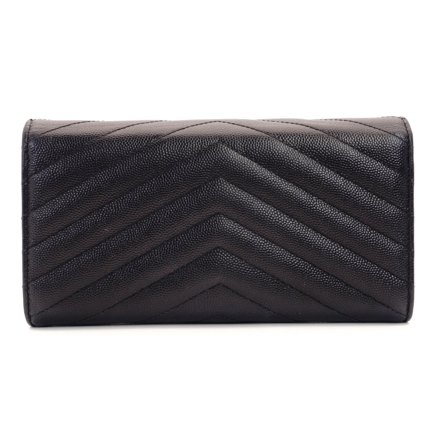 YVES SAINT LAURENT Long Wallet Black Leather V-stitching