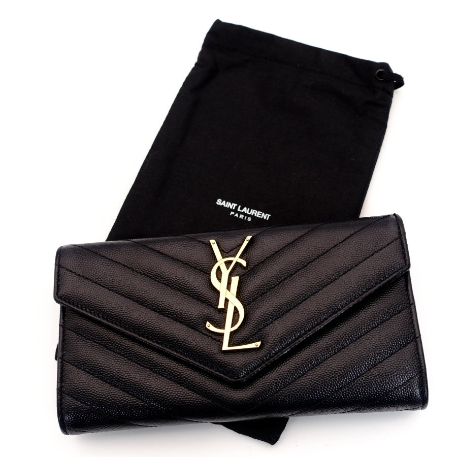 YVES SAINT LAURENT Long Wallet Black Leather V-stitching